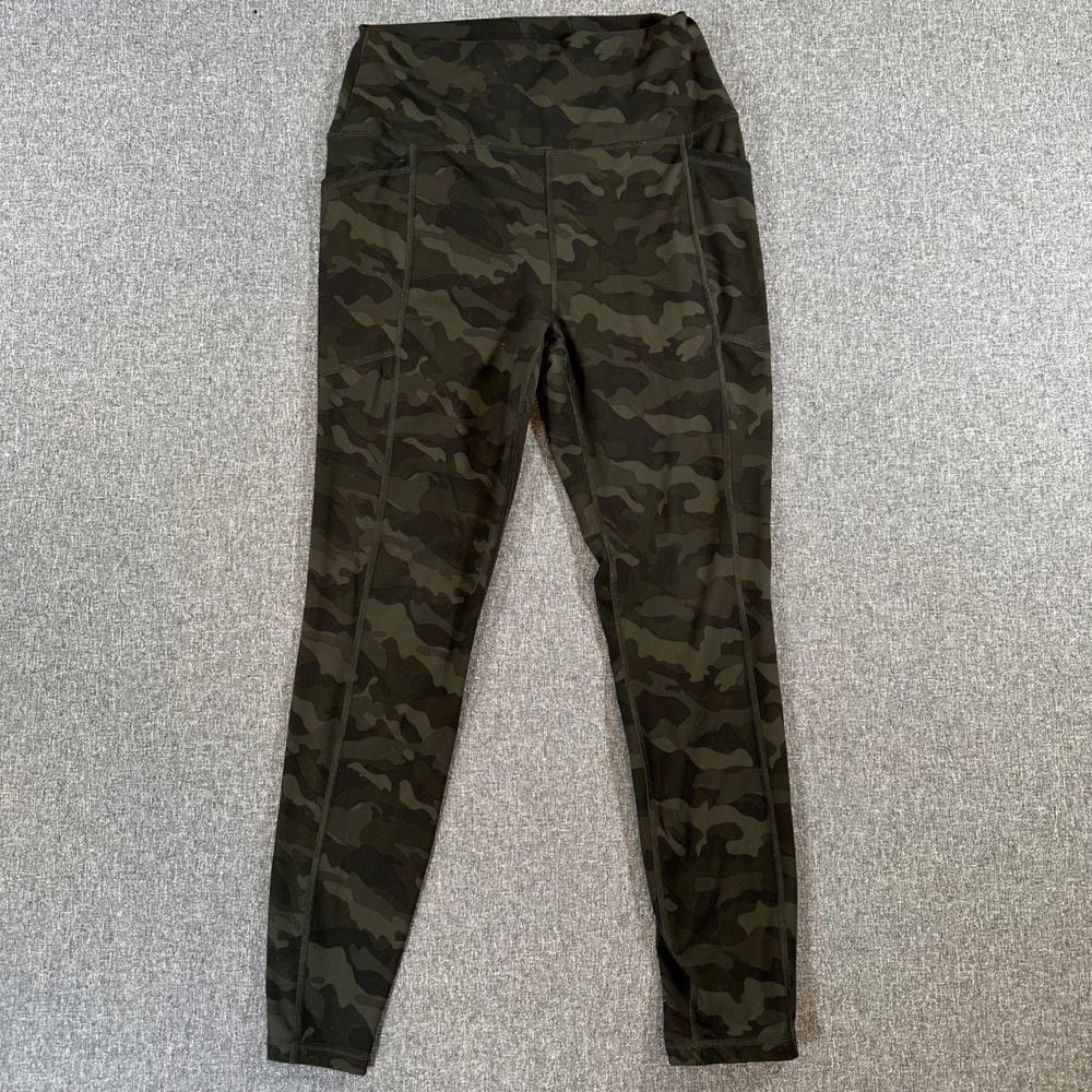 RBX Womens Camo Leggings High Waisted Yoga Pants Green Camouflage Pockets Size L